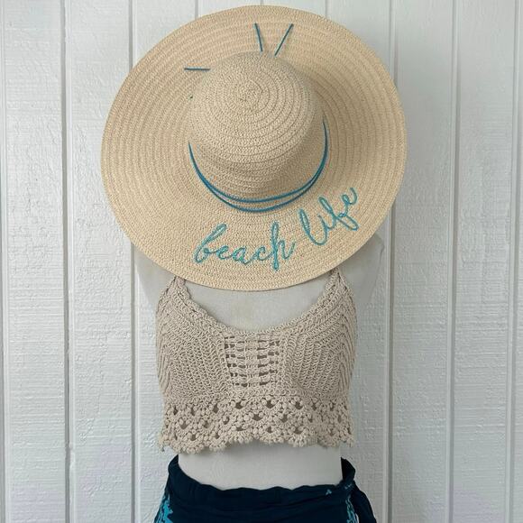 Women’s Beach Life Blue Embroidery Tassles Floppy Straw Sun Hat Outdoor Summer - Picture 6 of 6